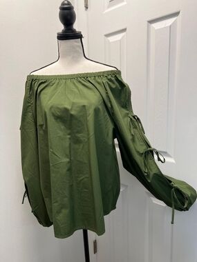 Women’s Olive Green Off-Shoulder Blouse with Tie-Sleeves